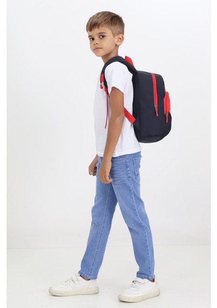 Tilki Figürlü Siyah Kırmızı Anaokulu Kreş Çantası 4 Bölmeli Erkek Çocuk Sırt Çantası