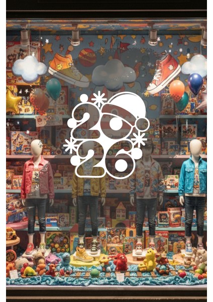 Noel Şapkalı 2026 Yeni Yıl Cam Sticker – Eğlenceli Kış Figürlü Yılbaşı Çıkartması