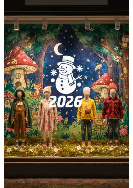 2026 Mutlu Yıllar Kardan Adam Cam Çıkartması - Yılbaşı Cam Vitrin Sticker