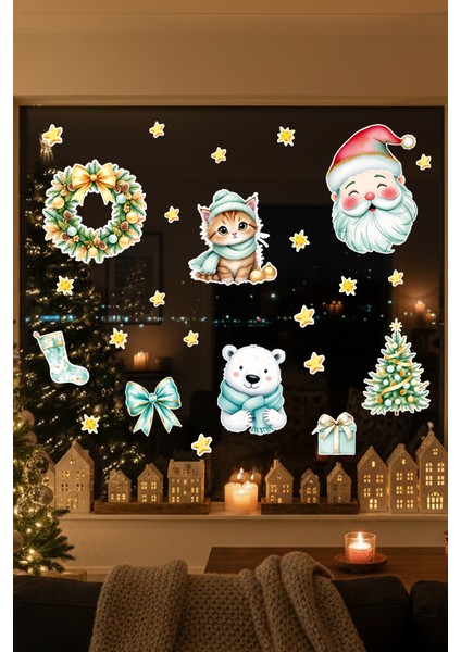 Sevimli Noel Kedi ve Ayıcık Cam Sticker Seti – Yılbaşı Çelenk & Çam Ağacı Pencere Süslemesi modelleri