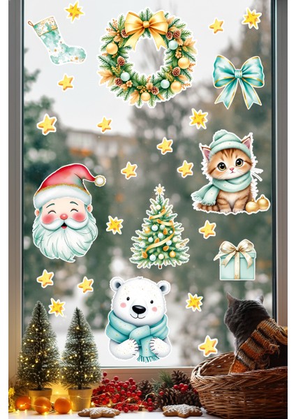 Sevimli Noel Kedi ve Ayıcık Cam Sticker Seti – Yılbaşı Çelenk & Çam Ağacı Pencere Süslemesi indirimleri
