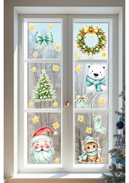 Sevimli Noel Kedi ve Ayıcık Cam Sticker Seti – Yılbaşı Çelenk & Çam Ağacı Pencere Süslemesi