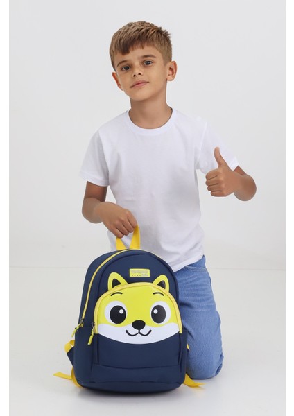 Tilki Figürlü Lacivert Anaokulu Kreş Çantası 4 Bölmeli Erkek Kız Çocuk Sırt Çantası