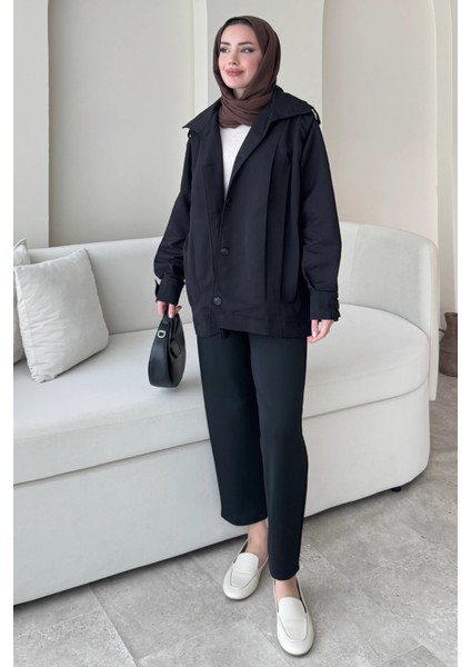 Şerit Detaylı Astarsız Carla Trençkot Standart Beden- Siyah (36-42 Uyumludur)