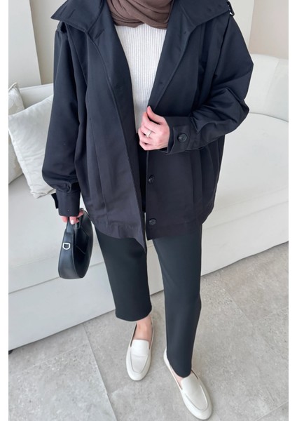 Şerit Detaylı Astarsız Carla Trençkot Standart Beden- Siyah (36-42 Uyumludur) indirimleri