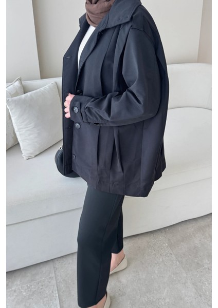 Şerit Detaylı Astarsız Carla Trençkot Standart Beden- Siyah (36-42 Uyumludur)