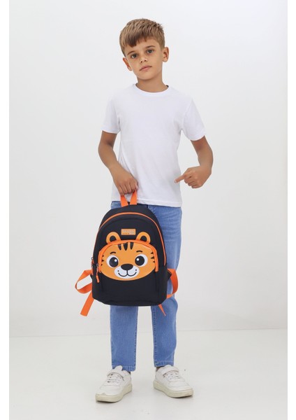 Kaplan Figürlü Siyah Anaokulu Kreş Çantası 4 Bölmeli Erkek Çocuk Sırt Çantası