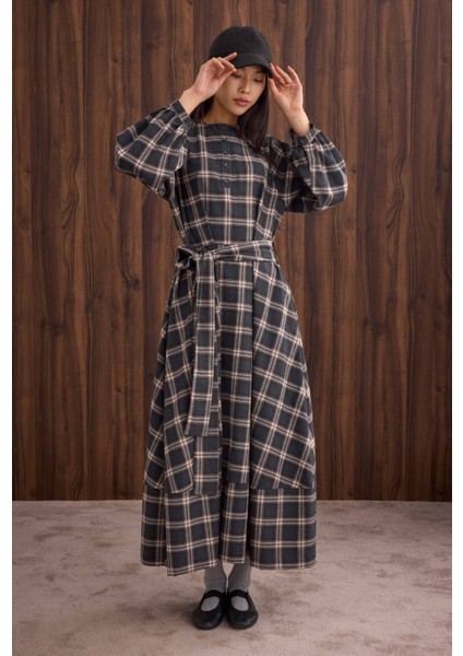 Volanlı Ekose Elbise Antrasit