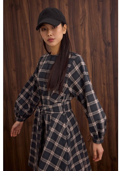 Volanlı Ekose Elbise Antrasit fiyatları