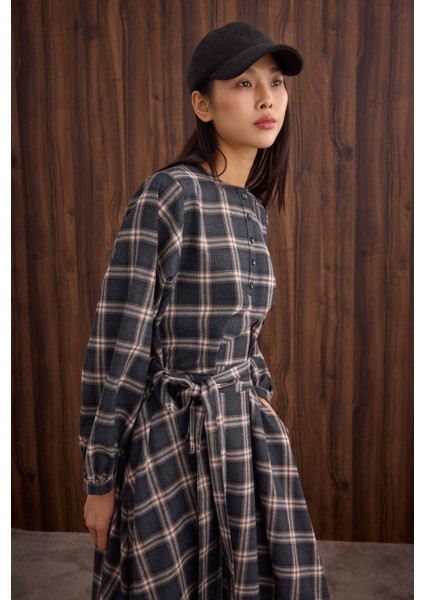 Volanlı Ekose Elbise Antrasit modelleri