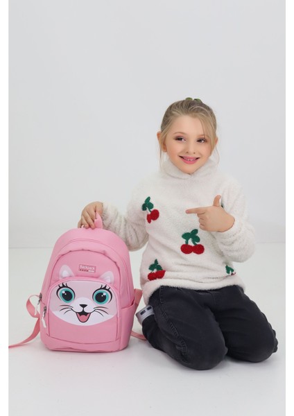 Sevimli Kedi Figürlü Pembe Anaokulu Kreş Çantası 4 Bölmeli Kız Çocuk Sırt Çantası