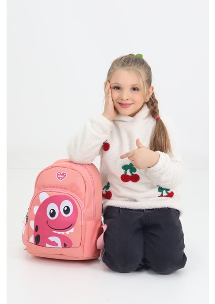 Sevimli Dinozor Figürlü Somon Anaokulu Kreş Çantası 4 Bölmeli Kız Çocuk Sırt Çantası