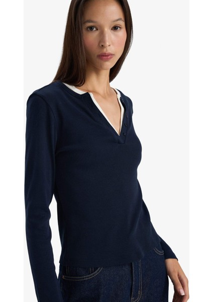 Slim Fit Dar Kesim Düğmeli Yaka Ribana Uzun Kollu Tişört G3490AX25WN