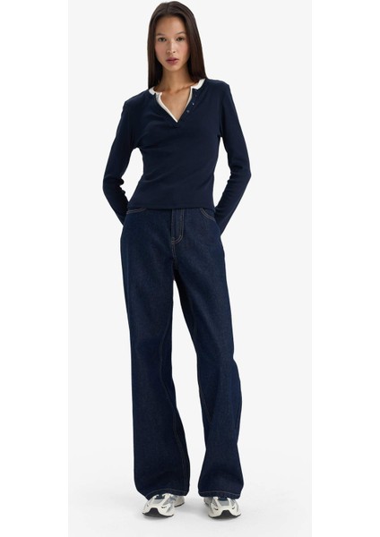 Slim Fit Dar Kesim Düğmeli Yaka Ribana Uzun Kollu Tişört G3490AX25WN