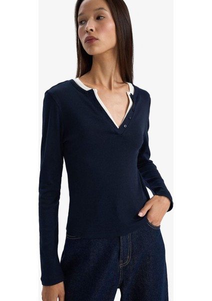 Slim Fit Dar Kesim Düğmeli Yaka Ribana Uzun Kollu Tişört G3490AX25WN