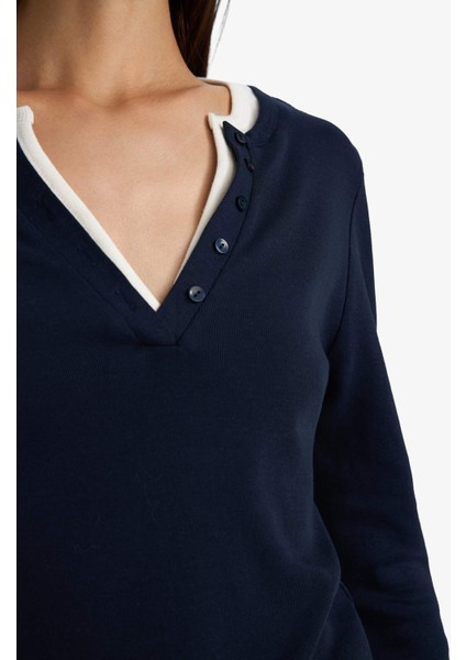 Slim Fit Dar Kesim Düğmeli Yaka Ribana Uzun Kollu Tişört G3490AX25WN