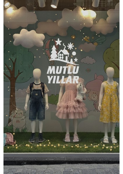 Mutlu Yıllar Kış Masalı Vitrin Cam Sticker – Çam Ağaçlı Yeni Yıl Dekoru