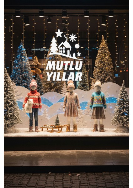 Mutlu Yıllar Kış Masalı Vitrin Cam Sticker – Çam Ağaçlı Yeni Yıl Dekoru fırsatları