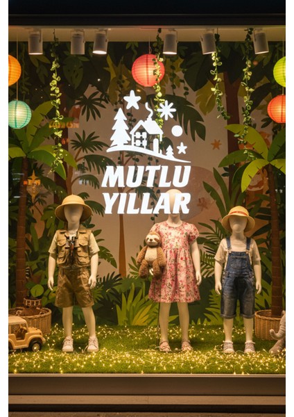 Mutlu Yıllar Kış Masalı Vitrin Cam Sticker – Çam Ağaçlı Yeni Yıl Dekoru