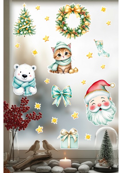 Yılbaşı Cam Sticker Seti – Kedi, Ayıcık, Noel Baba ve Çelenk Figürleri - Çocuk Odası Çıkartma Seti fırsatları