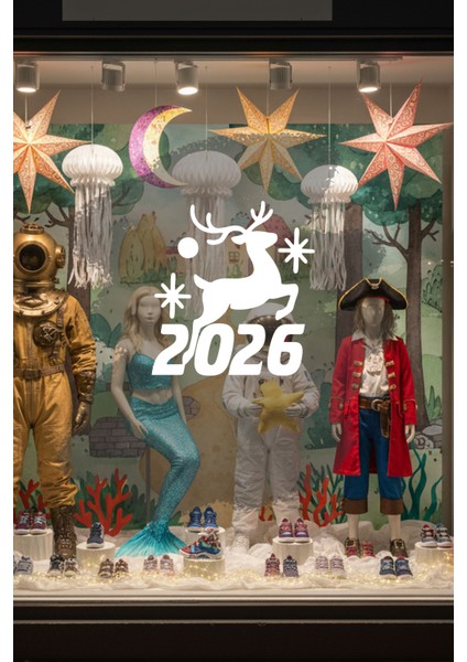 Geyik ve Yıldız Motifli 2026 Yeni Yıl Cam Sticker - Mağaza Vitrin Yılbaşı Dekoru
