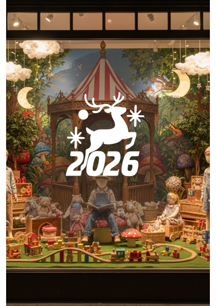 Geyik ve Yıldız Motifli 2026 Yeni Yıl Cam Sticker - Mağaza Vitrin Yılbaşı Dekoru modelleri