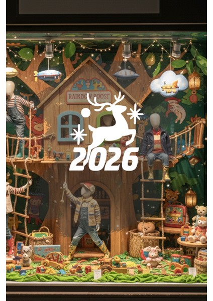 Geyik ve Yıldız Motifli 2026 Yeni Yıl Cam Sticker - Mağaza Vitrin Yılbaşı Dekoru fırsatları