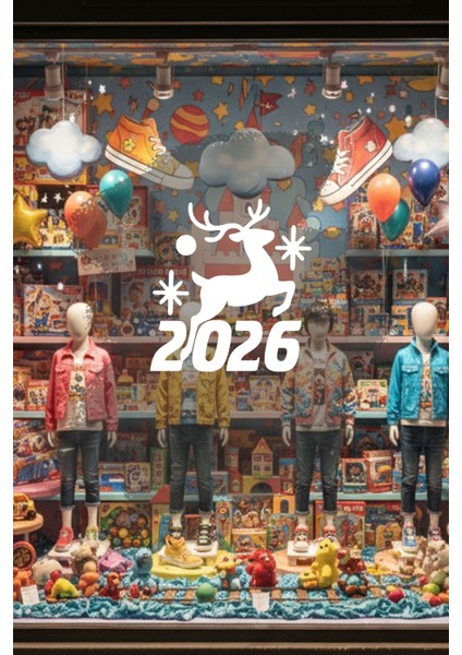 Geyik ve Yıldız Motifli 2026 Yeni Yıl Cam Sticker - Mağaza Vitrin Yılbaşı Dekoru indirimleri