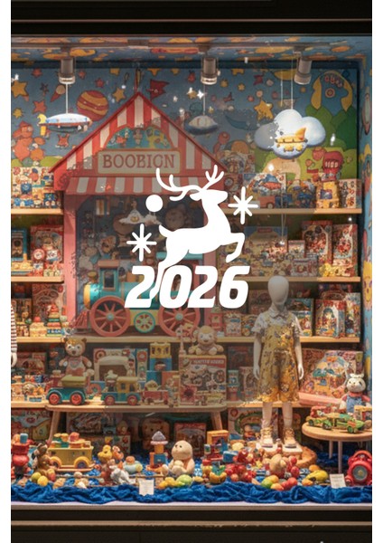Geyik ve Yıldız Motifli 2026 Yeni Yıl Cam Sticker - Mağaza Vitrin Yılbaşı Dekoru