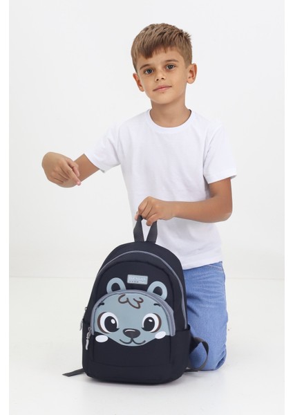 Sincap Figürlü Siyah Anaokulu Kreş Çantası 4 Bölmeli Erkek Kız Çocuk Sırt Çantası