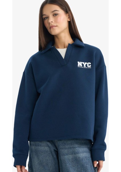 Coool Oversize Geniş Kalıp Polo Yaka Baskılı Sweatshirt