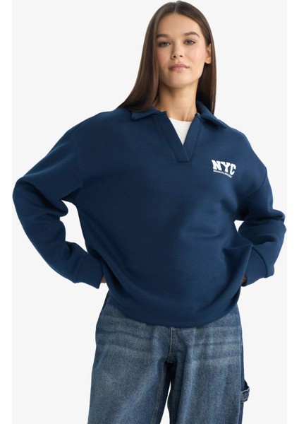 Coool Oversize Geniş Kalıp Polo Yaka Baskılı Sweatshirt