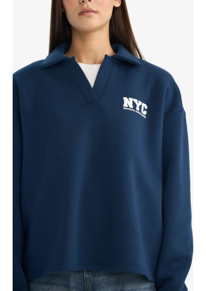 Coool Oversize Geniş Kalıp Polo Yaka Baskılı Sweatshirt