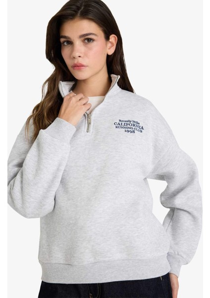 Oversize Geniş Kalıp Yarım Fermuarlı Baskılı Sweatshirt G3716AX25WN