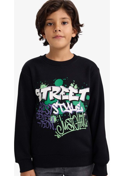 Erkek Çocuk Bisiklet Yaka Baskılı İçi Yumuşak Tüylü Sweatshirt G5559A825CW