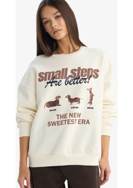 Oversize Geniş Kalıp Bisiklet Yaka Baskılı Sweatshirt G3886AX25WN