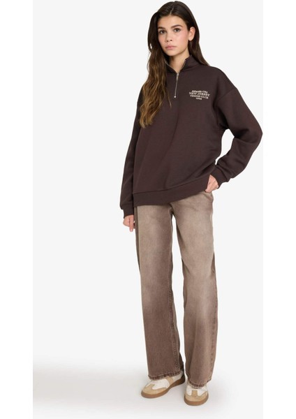 Oversize Geniş Kalıp Yarım Fermuarlı Baskılı Sweatshirt G3716AX25WN