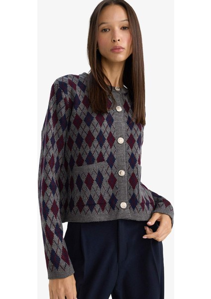 Regular Fit Bisiklet Yaka Baklava Desenli Düğmeli Triko Hırka G6551AX25WN