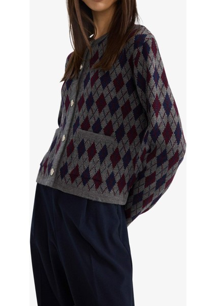 Regular Fit Bisiklet Yaka Baklava Desenli Düğmeli Triko Hırka G6551AX25WN