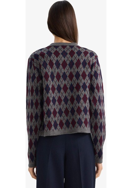 Regular Fit Bisiklet Yaka Baklava Desenli Düğmeli Triko Hırka G6551AX25WN