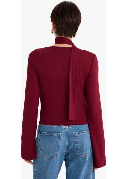 Slim Fit Dar Kesim Kayık Yaka Şal Detaylı Uzun Kollu Bluz