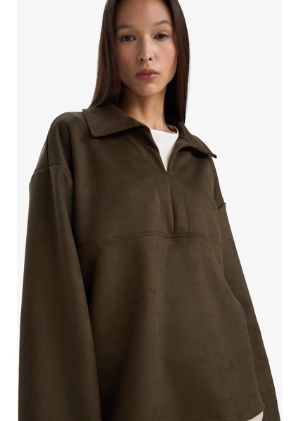 Oversize Geniş Kalıp Polo Yaka Süet Uzun Kollu Tişört G6218AX25WN