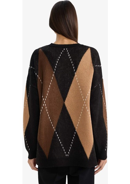 Oversize Geniş Kalıp Bisiklet Yaka Baklava Desenli Triko Kazak G6544AX25WN