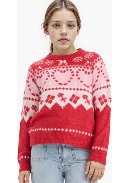 Kız Çocuk Yılbaşı Temalı Bisiklet Yaka Triko Kazak F5071A825WN