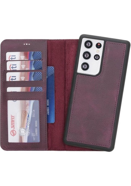 Samsung Galaxy S21 Ultra Deri Çıkarılabilir Cüzdan Kılıf-Kızıl