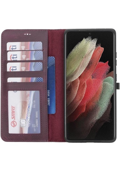 Samsung Galaxy S21 Ultra Deri Çıkarılabilir Cüzdan Kılıf-Kızıl