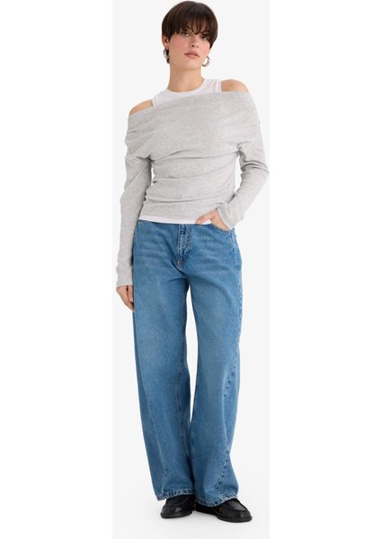 Slim Fit Dar Kesim Tek Omuzlu Çift Katmanlı Ribana Uzun Kollu Tişört G6336AX25WN