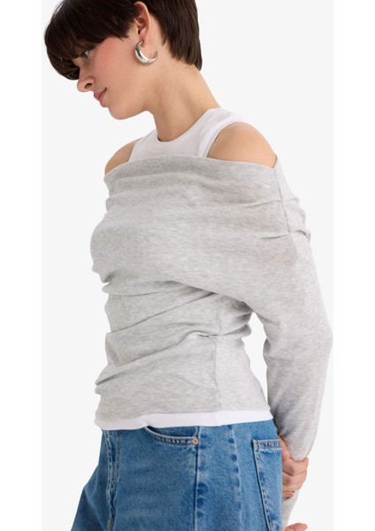 Slim Fit Dar Kesim Tek Omuzlu Çift Katmanlı Ribana Uzun Kollu Tişört