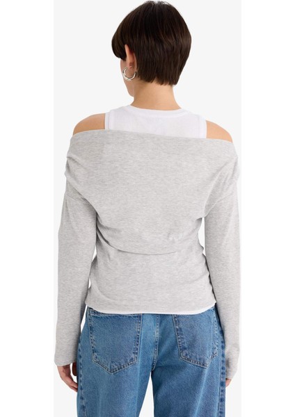 Slim Fit Dar Kesim Tek Omuzlu Çift Katmanlı Ribana Uzun Kollu Tişört