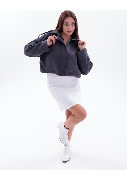 Oversizekoyu Gri Süet Şık Bomber Ceket